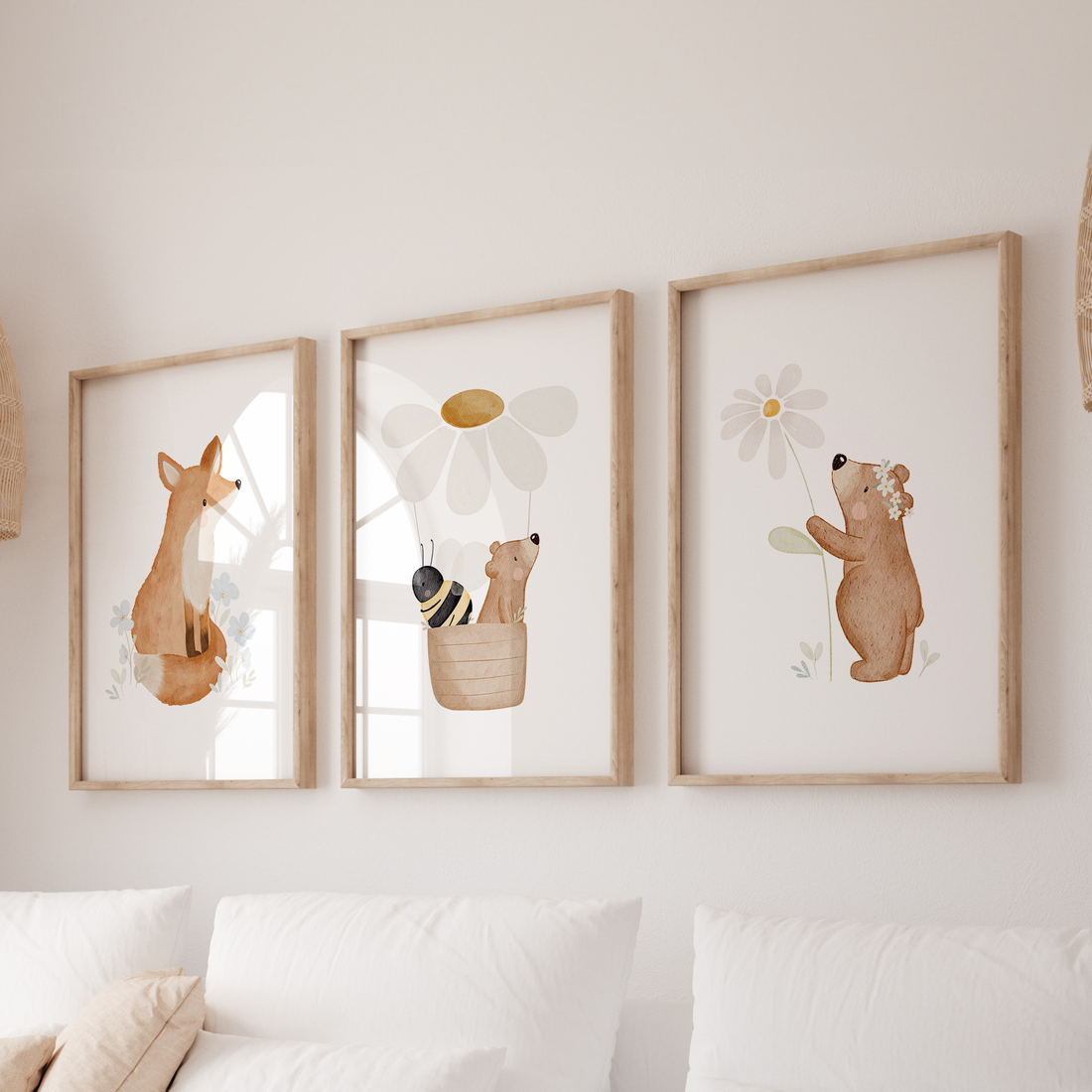 Posterset Fuchs, Heißluftballon & kleiner Bär mit Blume