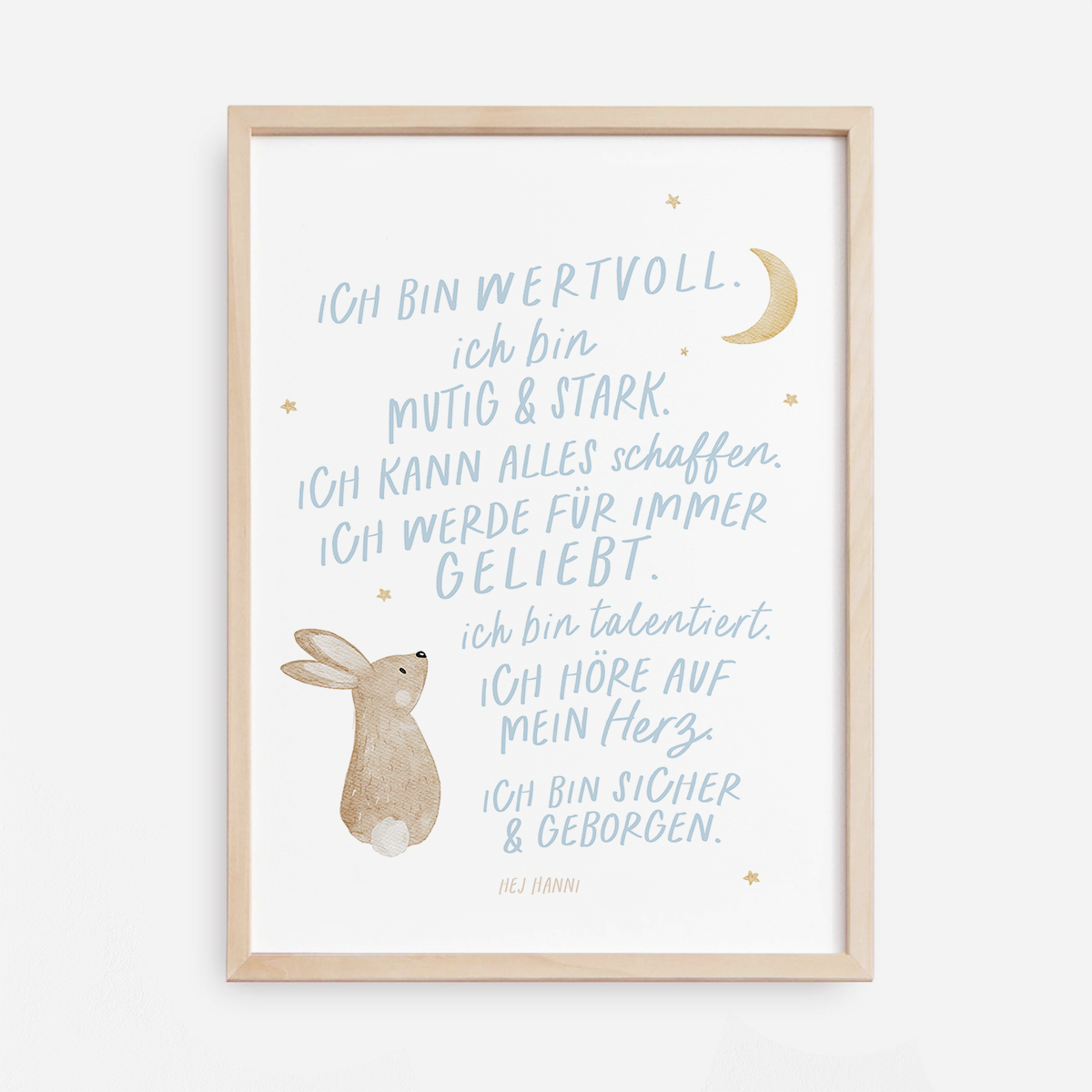 Kinderposter Affirmationen Hase hellblau inkl. Rahmen