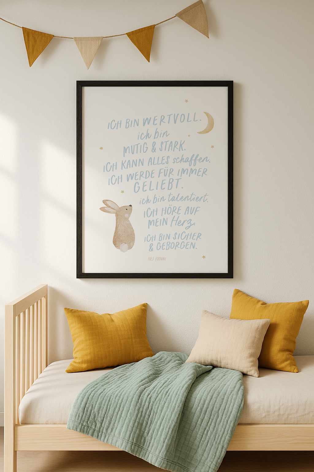 Kinderposter Affirmationen Hase hellblau inkl. Rahmen