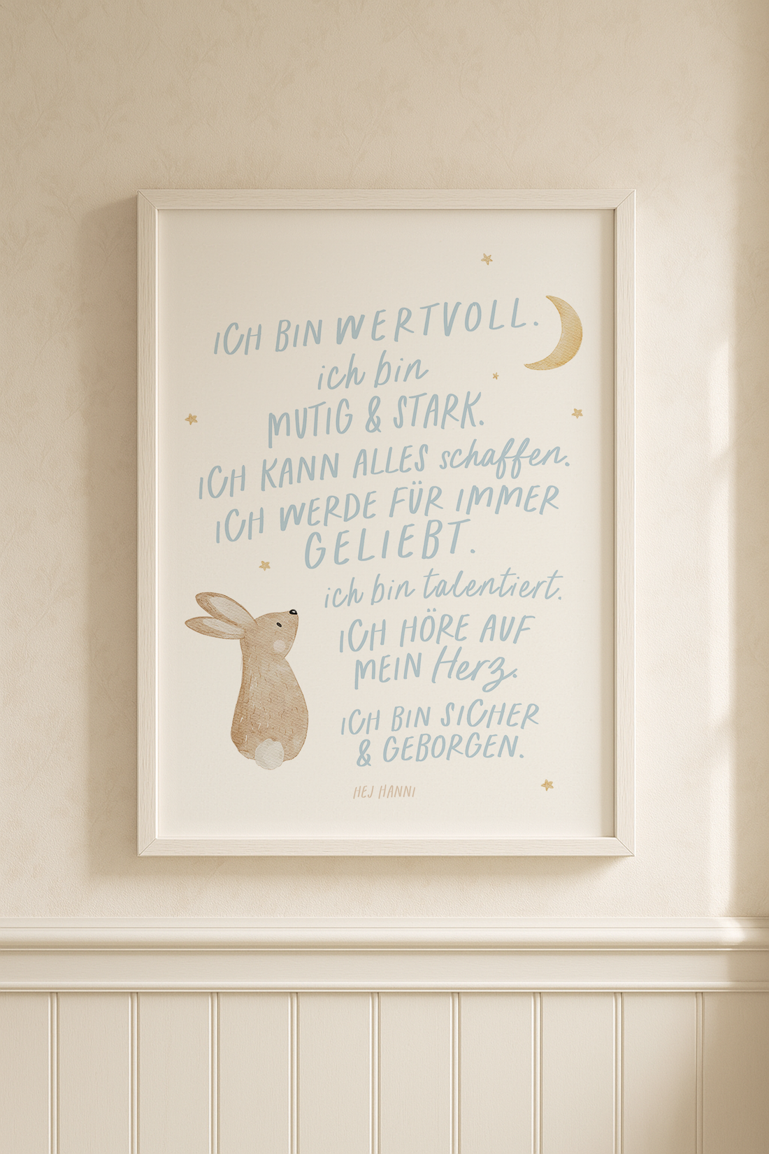 Kinderposter Affirmationen Hase hellblau inkl. Rahmen