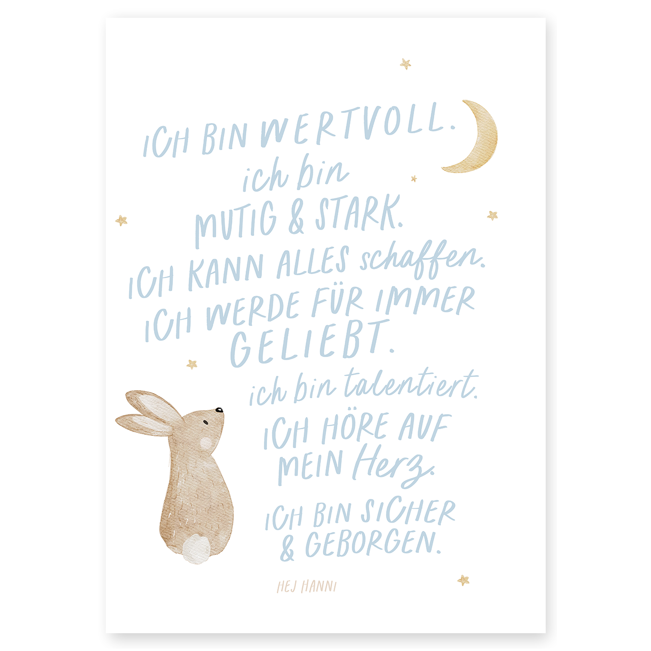 Kinderposter Affirmationen Hase hellblau inkl. Rahmen