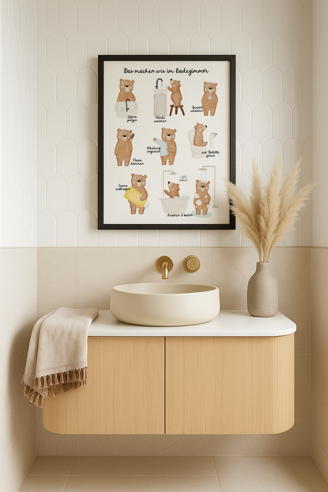 Kinderposter Badezimmer Routine Bär inkl. Rahmen
