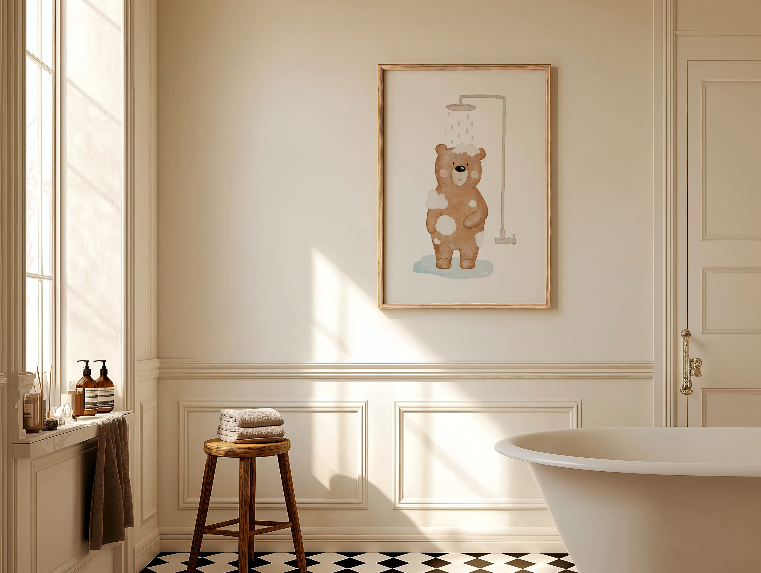 Kinderposter Bär Dusche Routineposter inkl. Rahmen