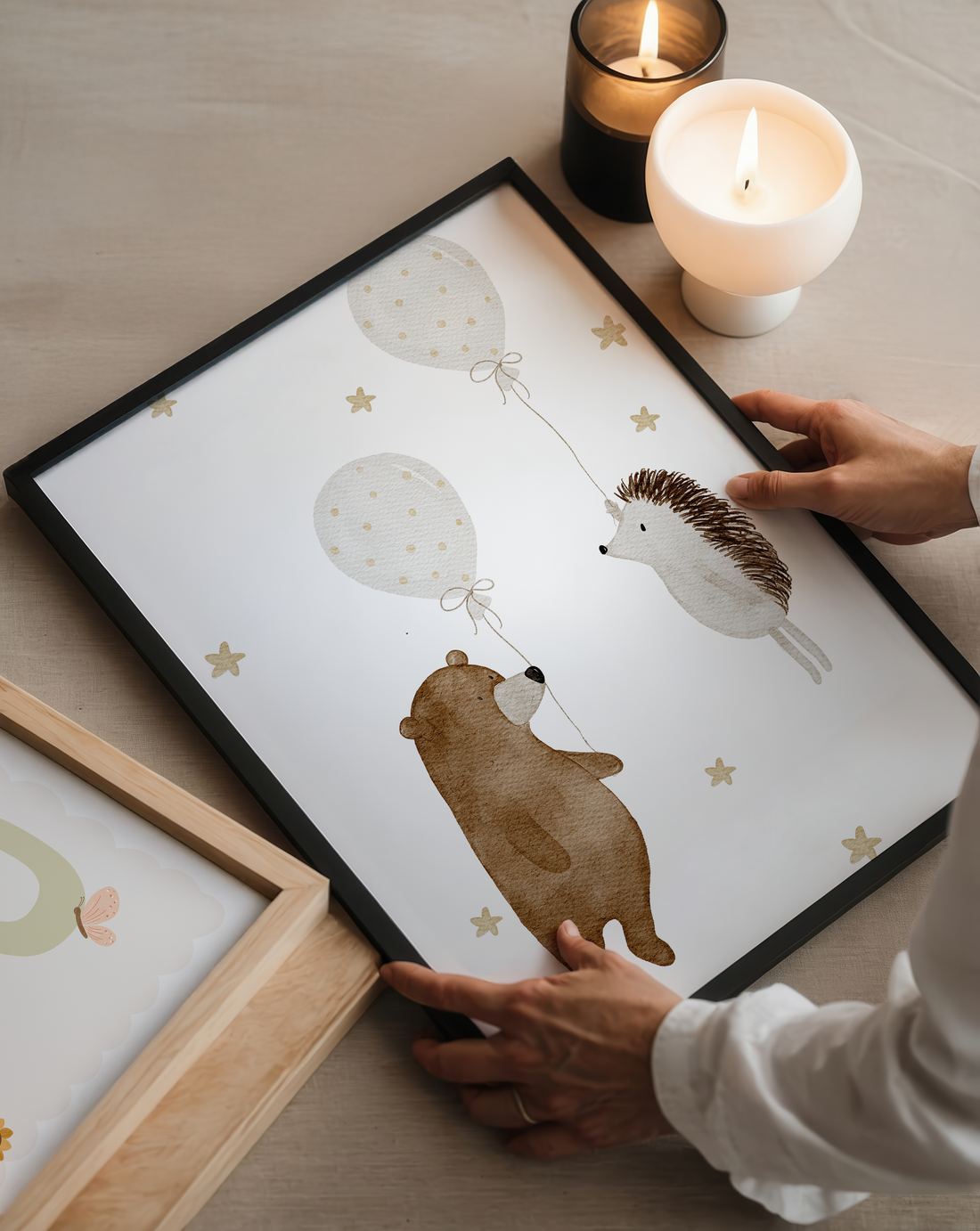 Kinderposter Bär und Igel mit Ballons inkl. Rahmen