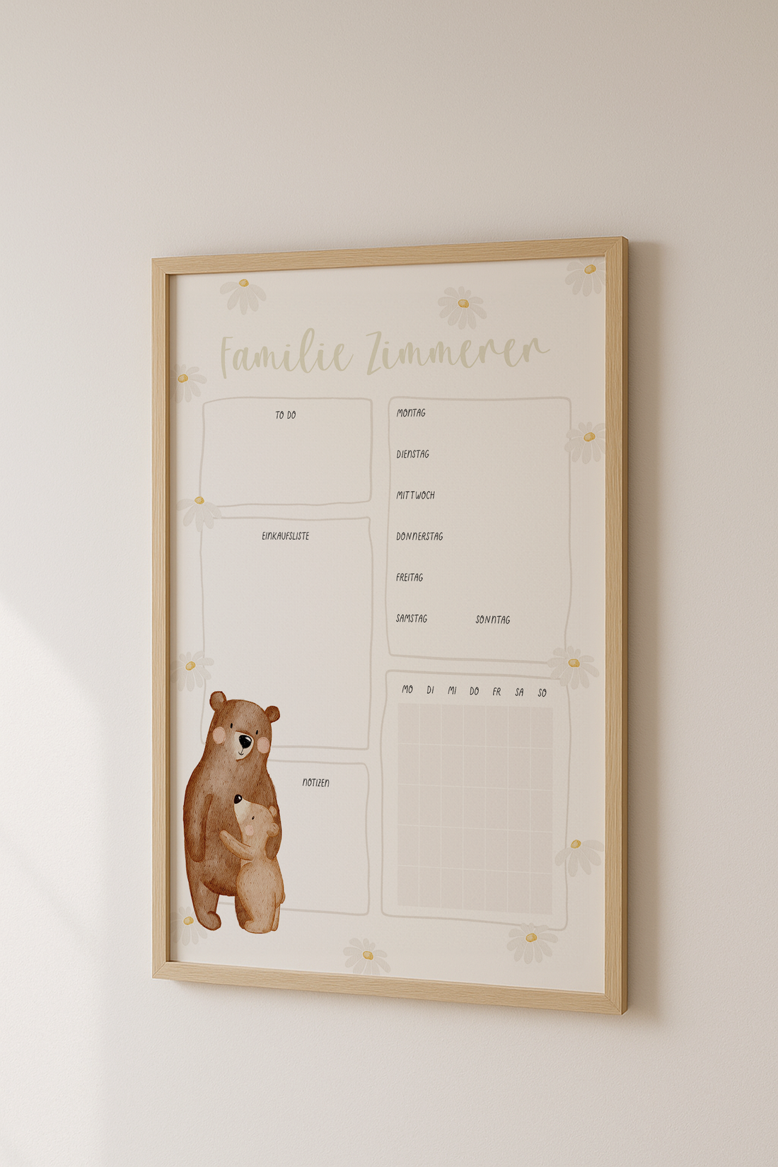 Familienplaner Bär Umarmung personalisiert mit Familiennamen inkl. Rahmen
