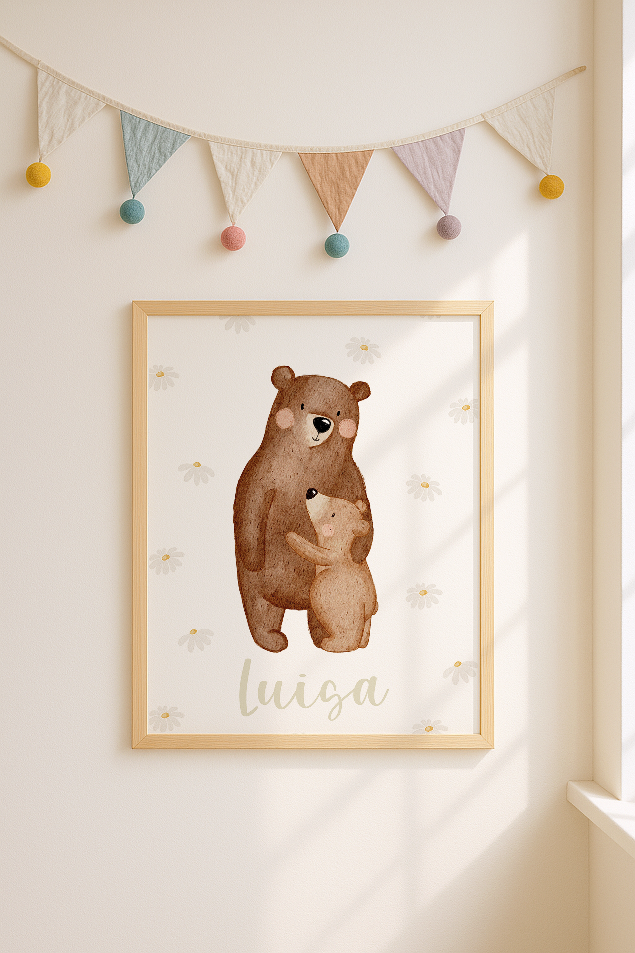 Kinderposter Name Bär Umarmung Blumen inkl. Rahmen