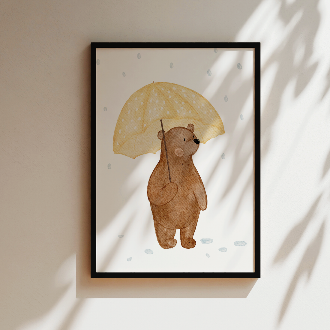 Kinderposter Bär gelber Regenschirm inkl. Rahmen