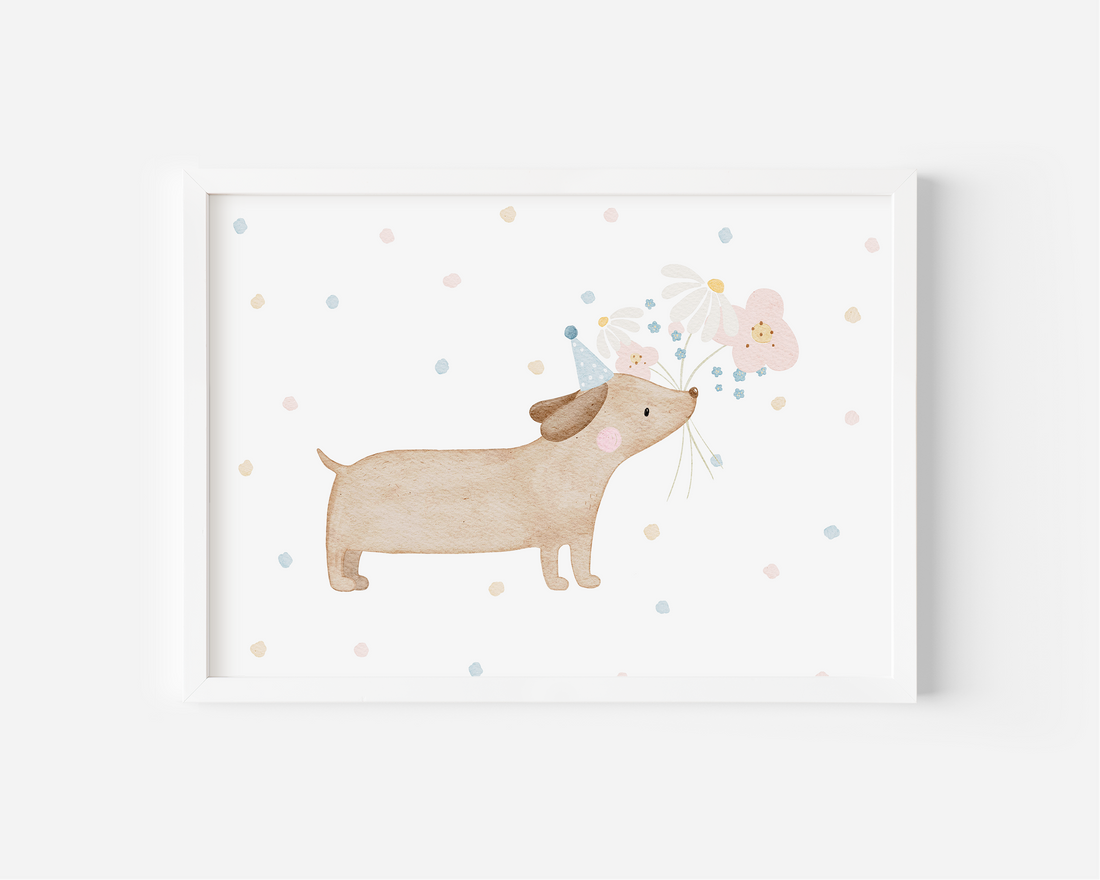 Kinderposter Dackel Geburtstag Konfetti inkl. Rahmen