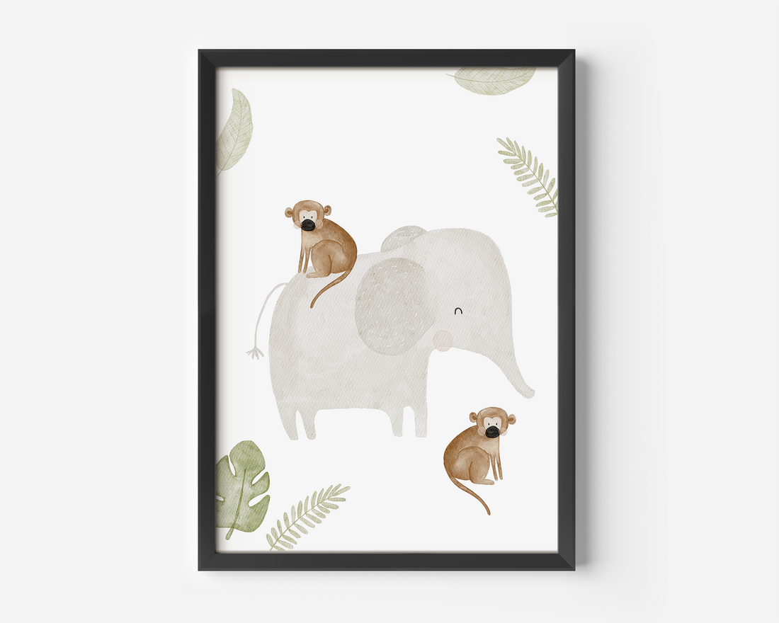 Kinderposter Elefant und Äffchen inkl. Rahmen