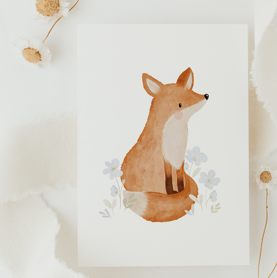 Hej Hanni Postkarte Fuchs blaue Blumen