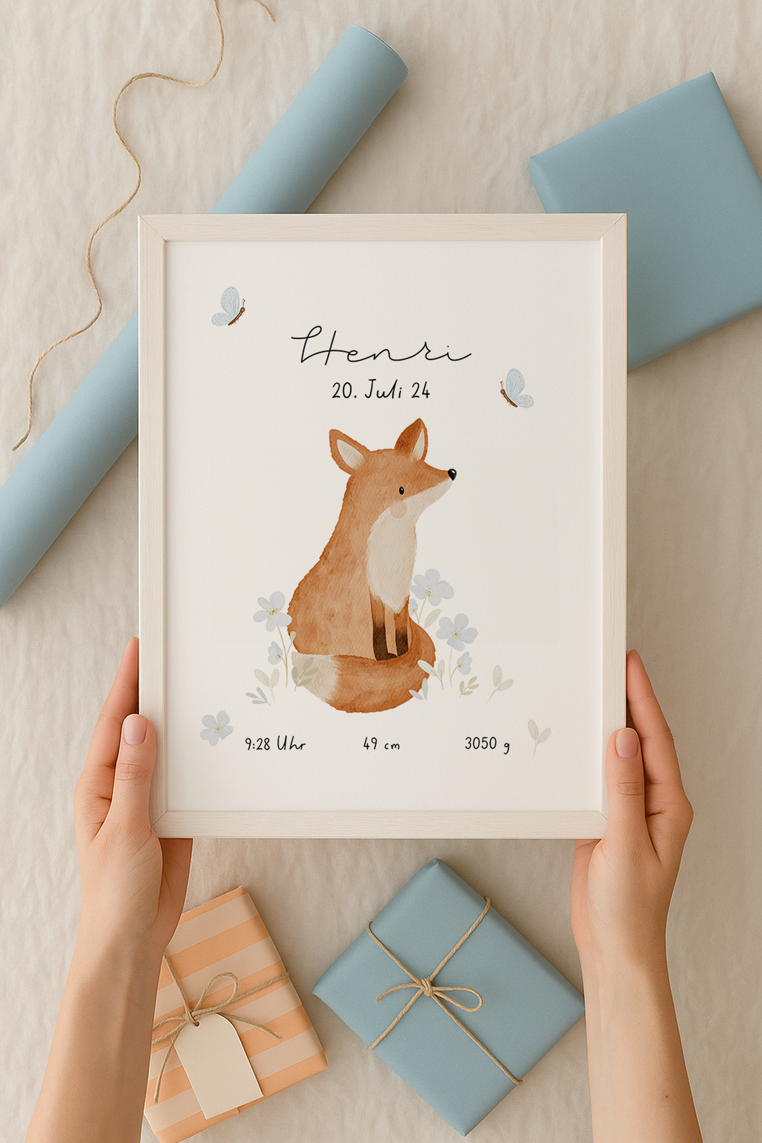 Geburtsposter Fuchs Blumen inkl. Rahmen