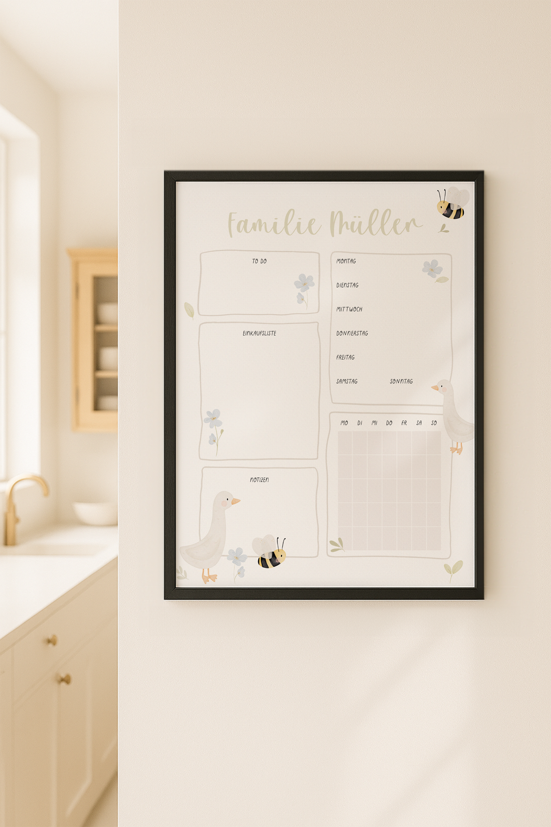 Familienplaner Gänse personalisiert mit Familiennamen inkl. Rahmen