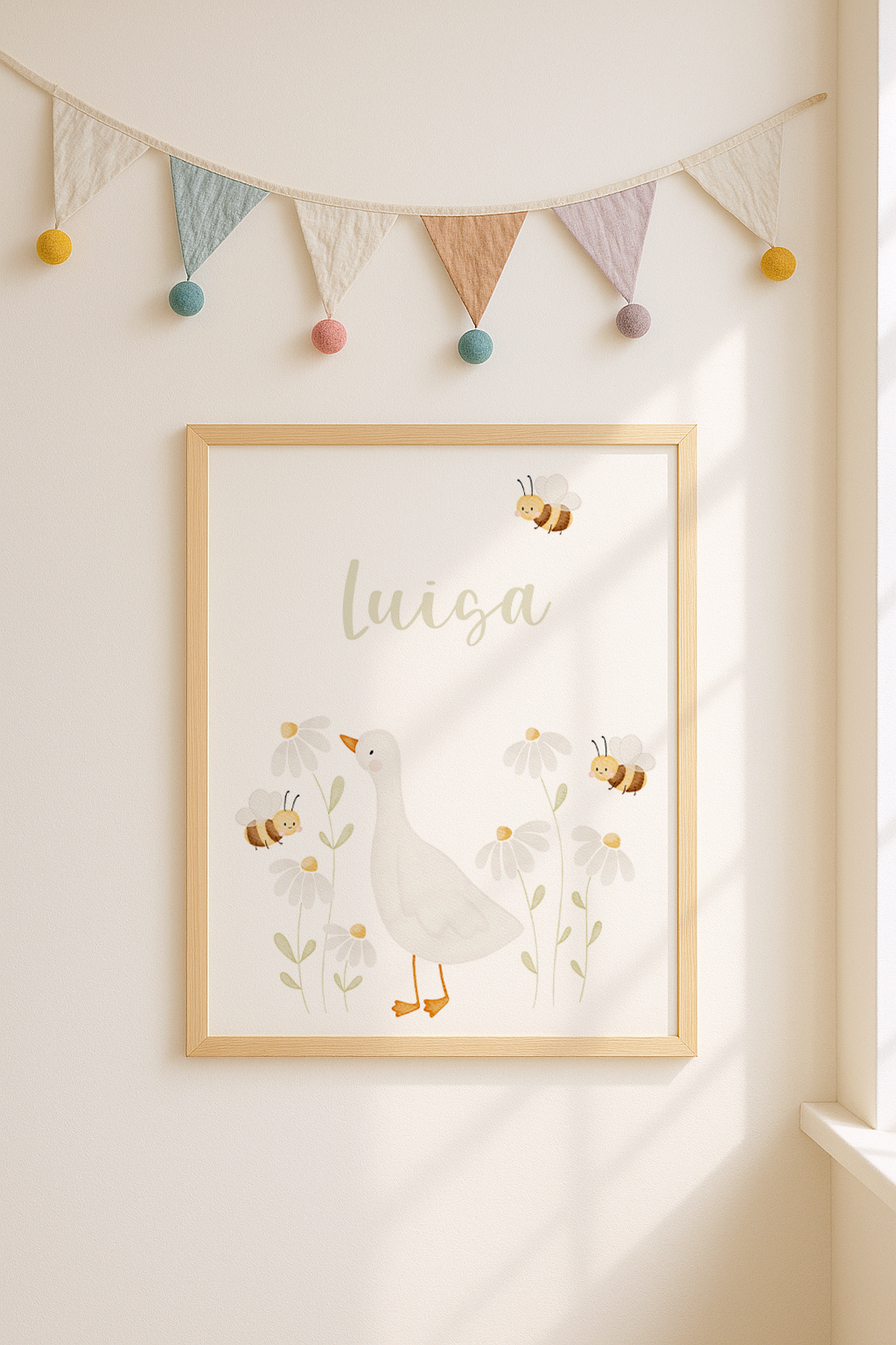 Kinderposter Name Gans & Bienen inkl. Rahmen