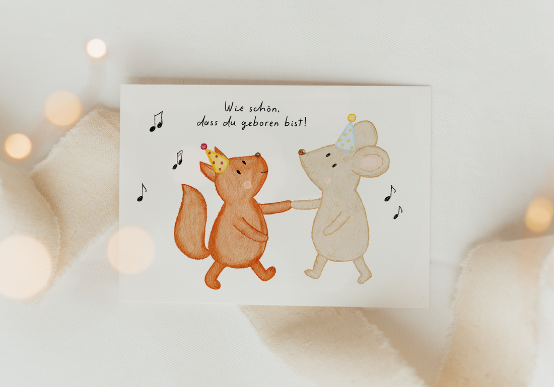 Hej Hanni Postkarte Geburtstag Eichhörnchen & Maus