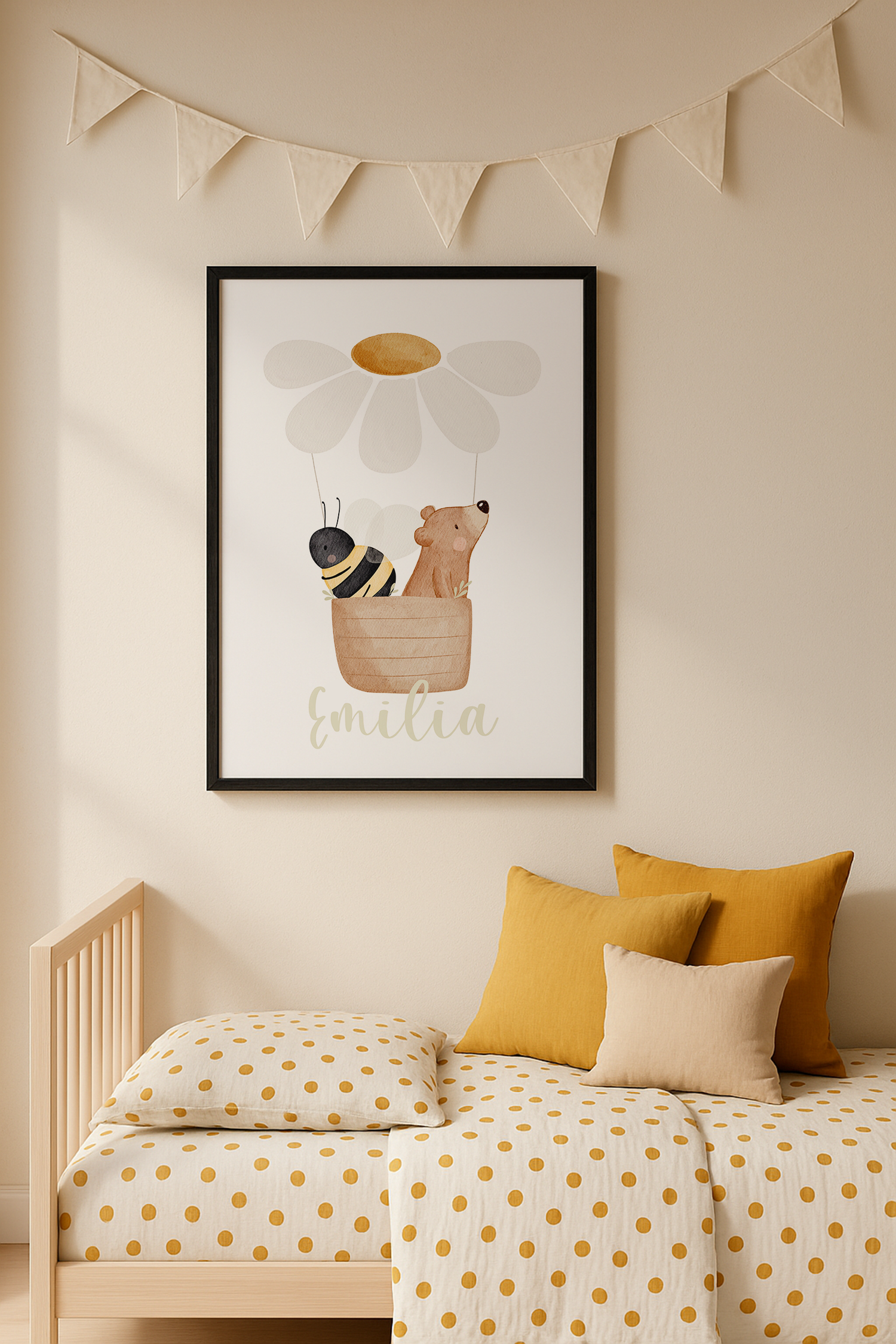 Kinderposter Name Heißluftballon Gänseblümchen