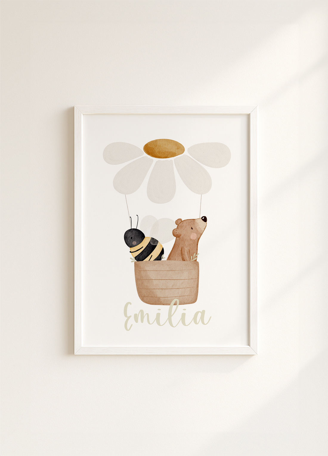 Kinderposter Name Heißluftballon Gänseblümchen inkl. Rahmen