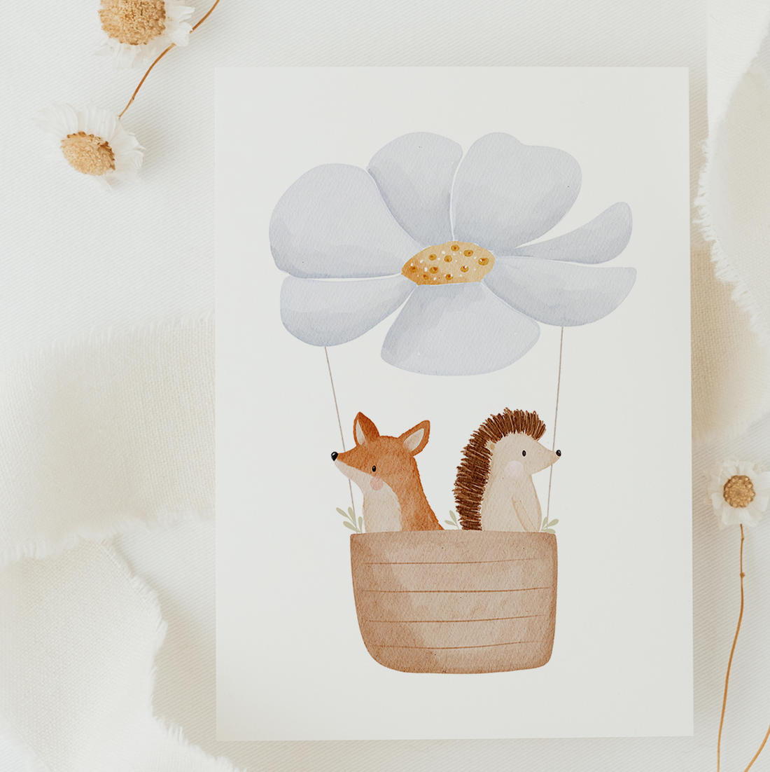 Hej Hanni Postkarte Heißluftballon blaue Blume