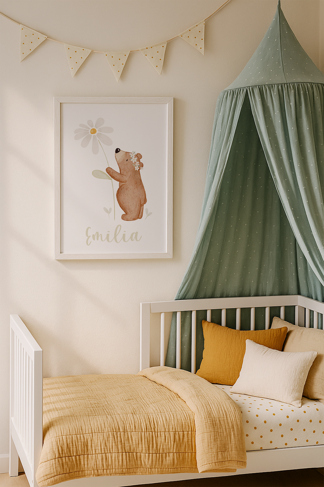 Kinderposter Name kleiner Bär Blume inkl. Rahmen