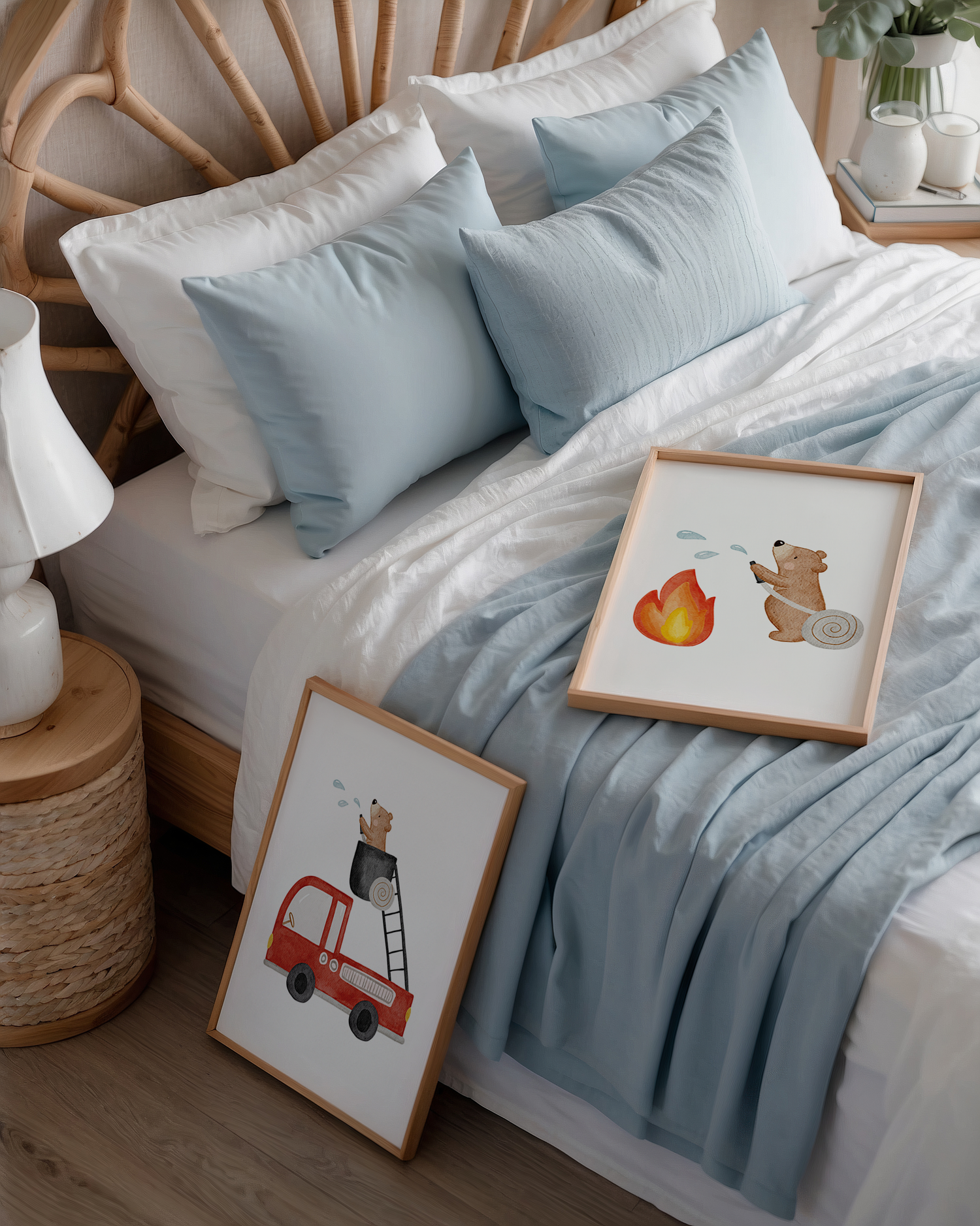 Kinderposter Feuerwehr mit kleinem Bären