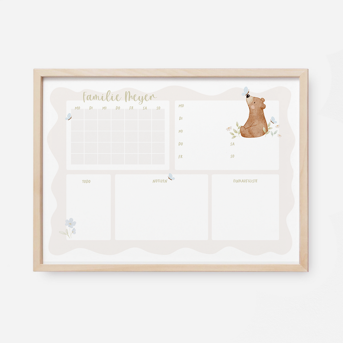 Familienplaner Kleiner Bär quer personalisiert mit Familiennamen inkl. Rahmen