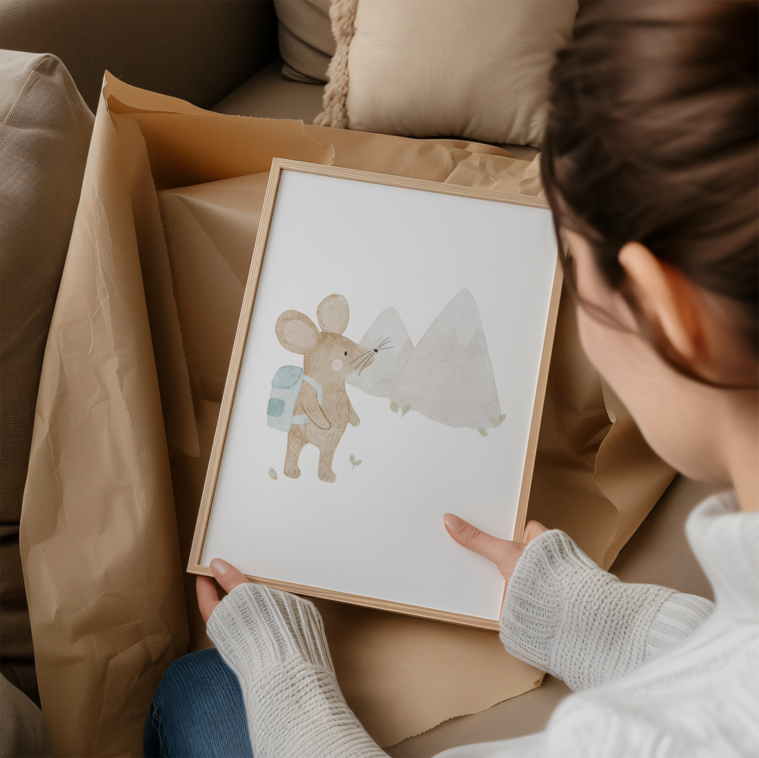 Kinderposter Maus beim Wandern inkl. Rahmen