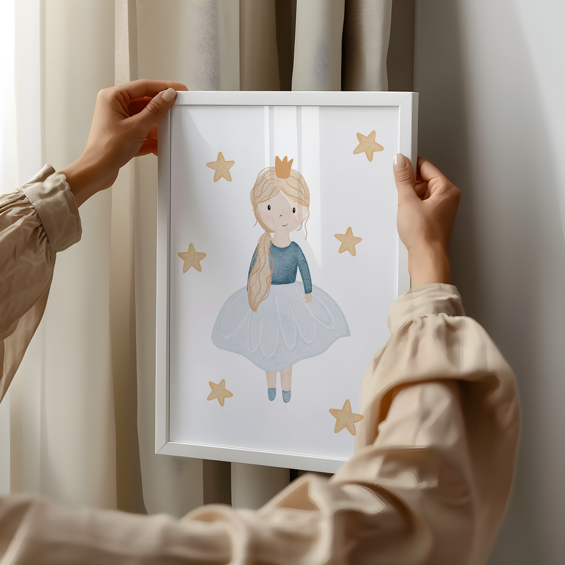 Kinderposter Prinzessin in blauem Kleid Sterne inkl. Rahmen