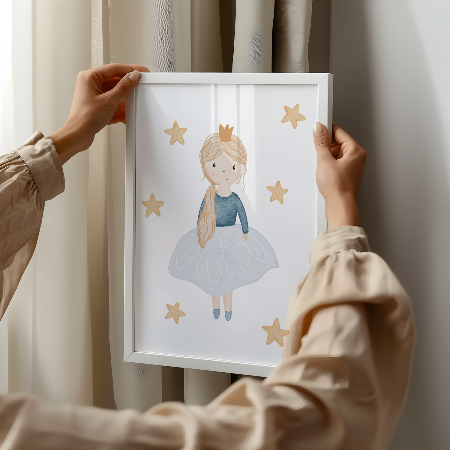 Kinderposter Prinzessin in blauem Kleid Sterne