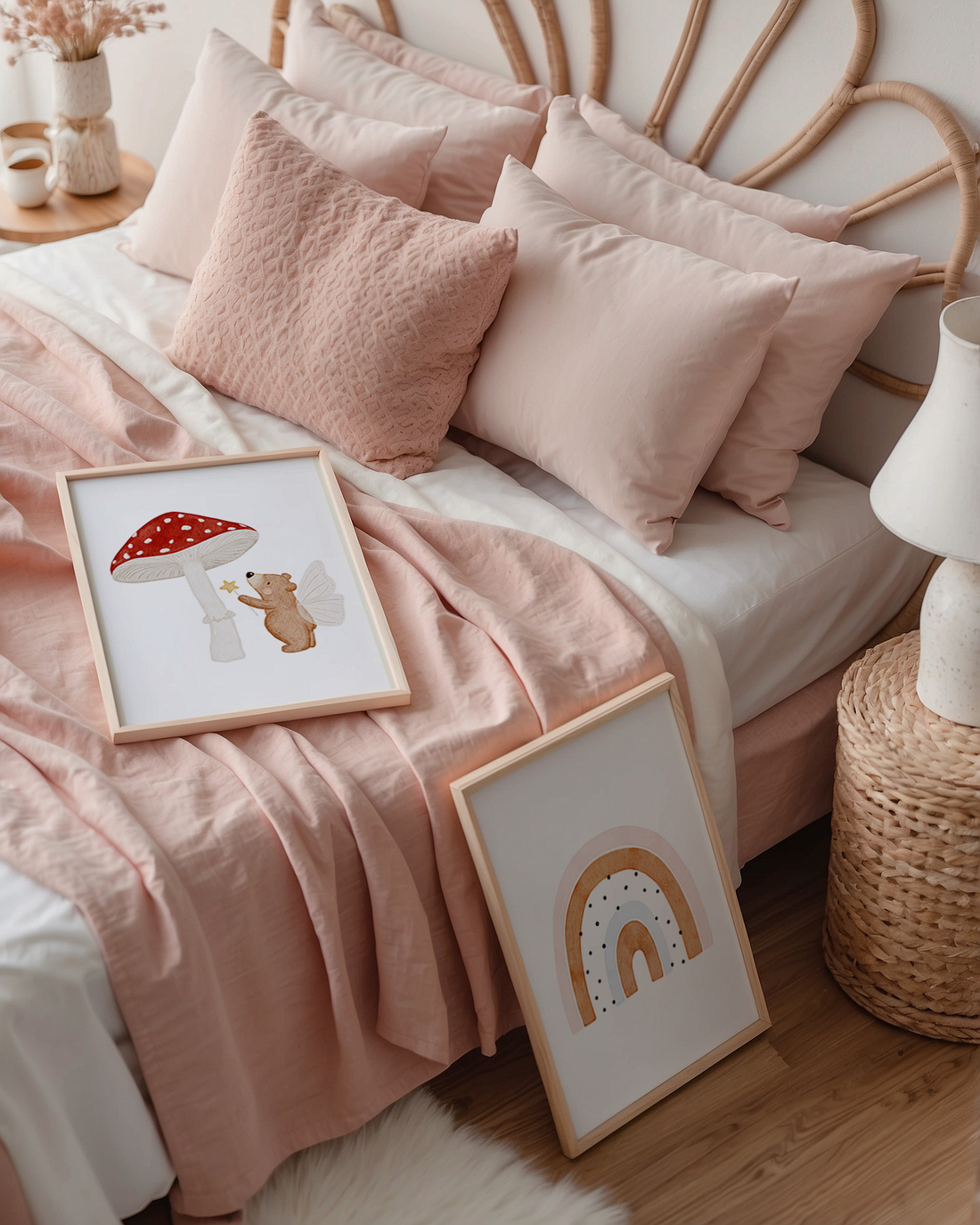 Kinderposter Regenbogen rosa, rot & blau inkl. Rahmen