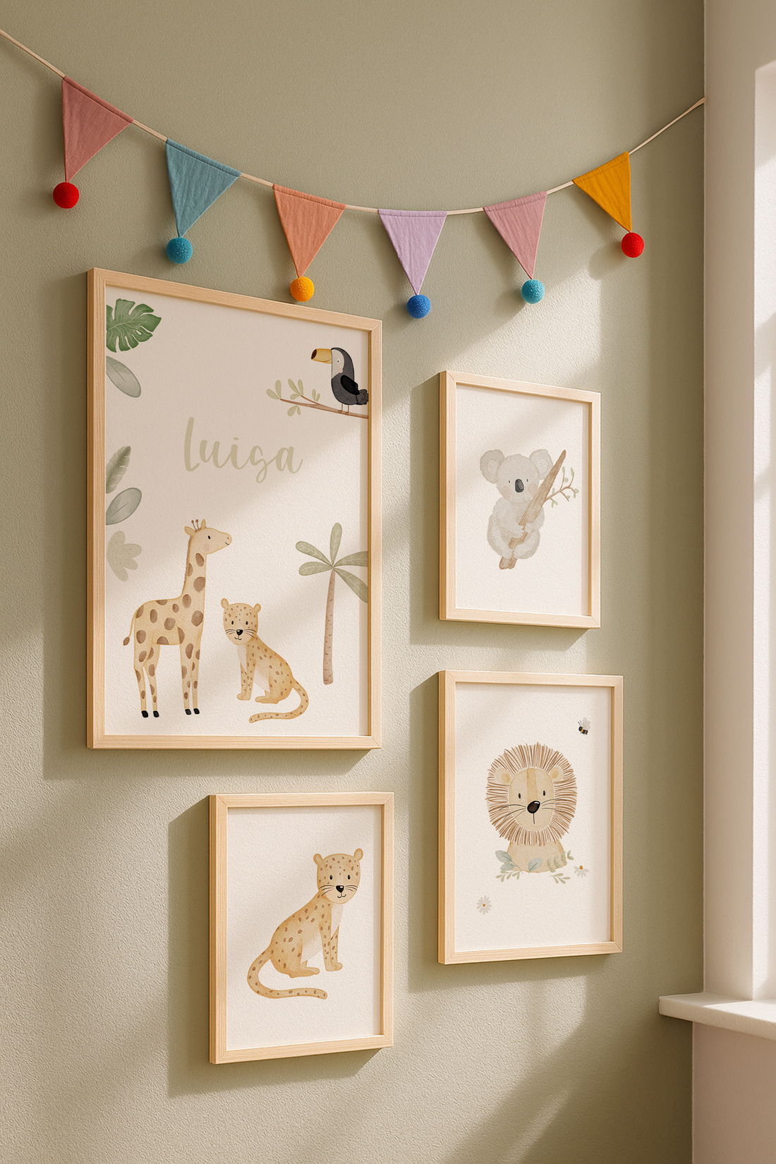 Kinderposter Name Safaritiere inkl. Rahmen