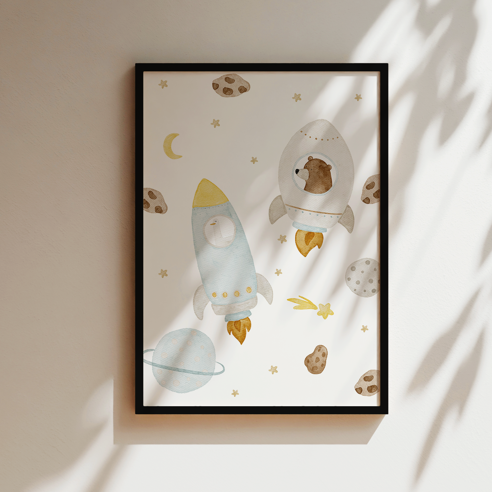 Kinderposter Weltraum Bär & Gans inkl. Rahmen