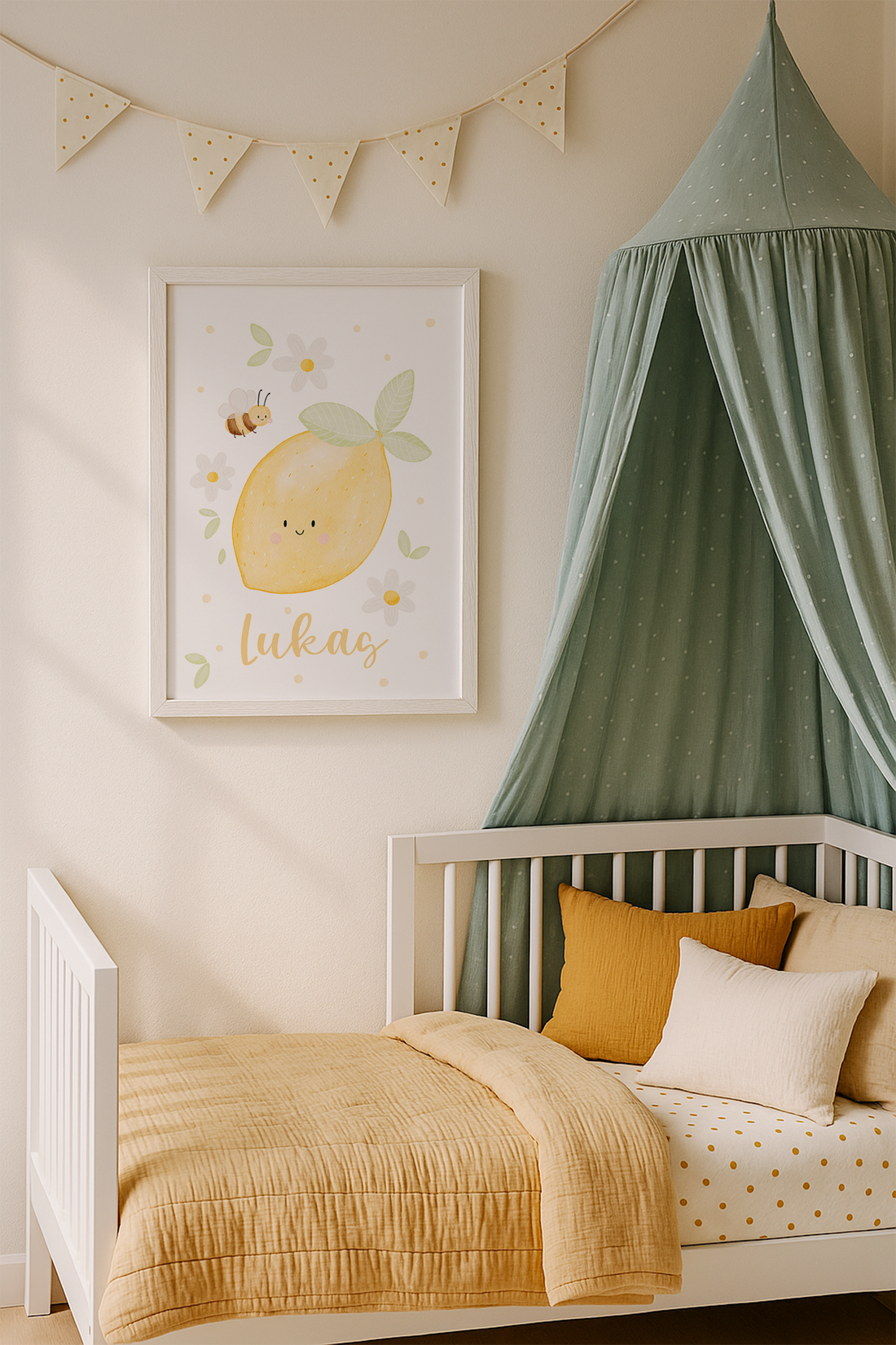 Kinderposter Name Zitrone & Biene inkl. Rahmen