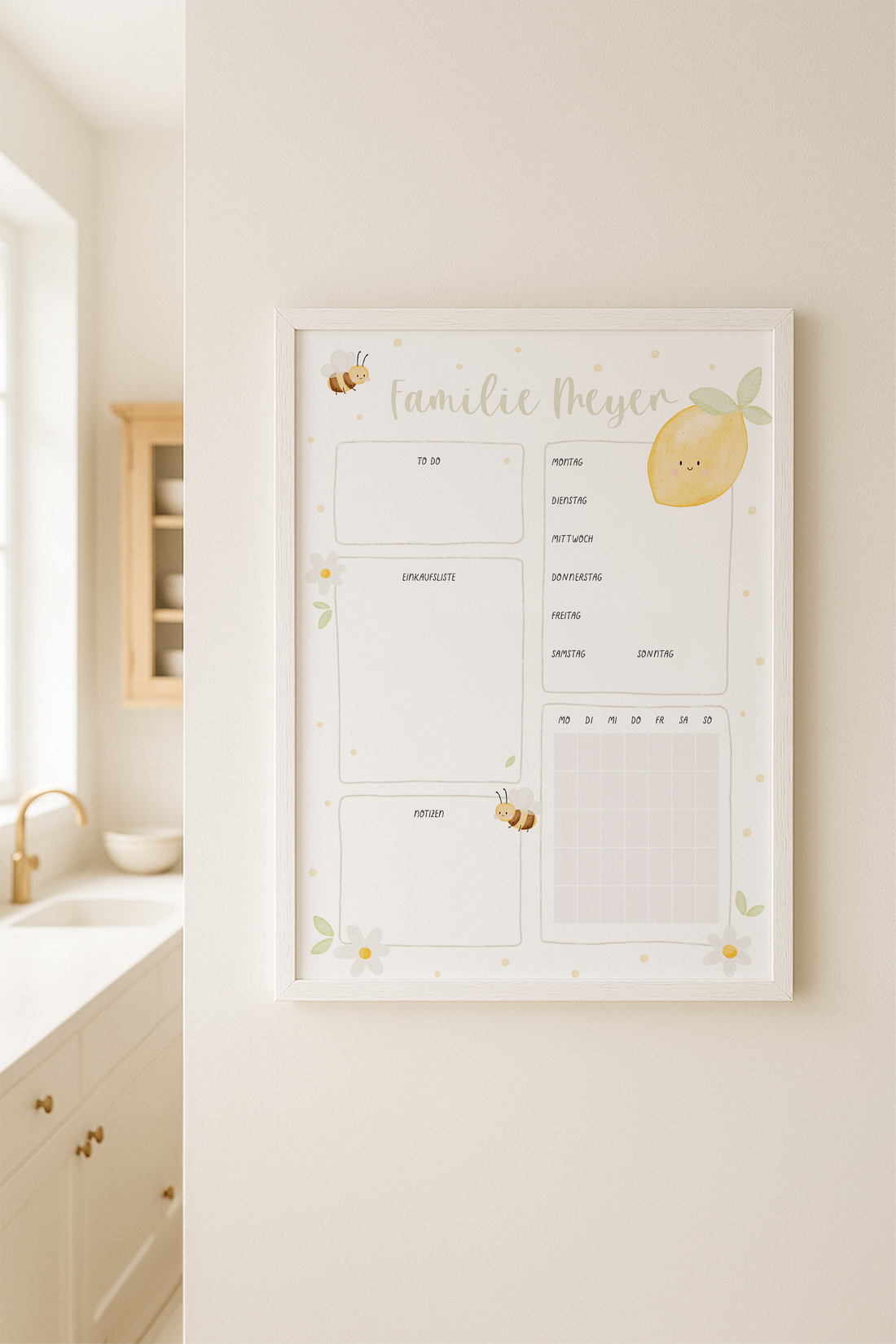 Familienplaner Zitrone & Bienen personalisiert mit Familiennamen