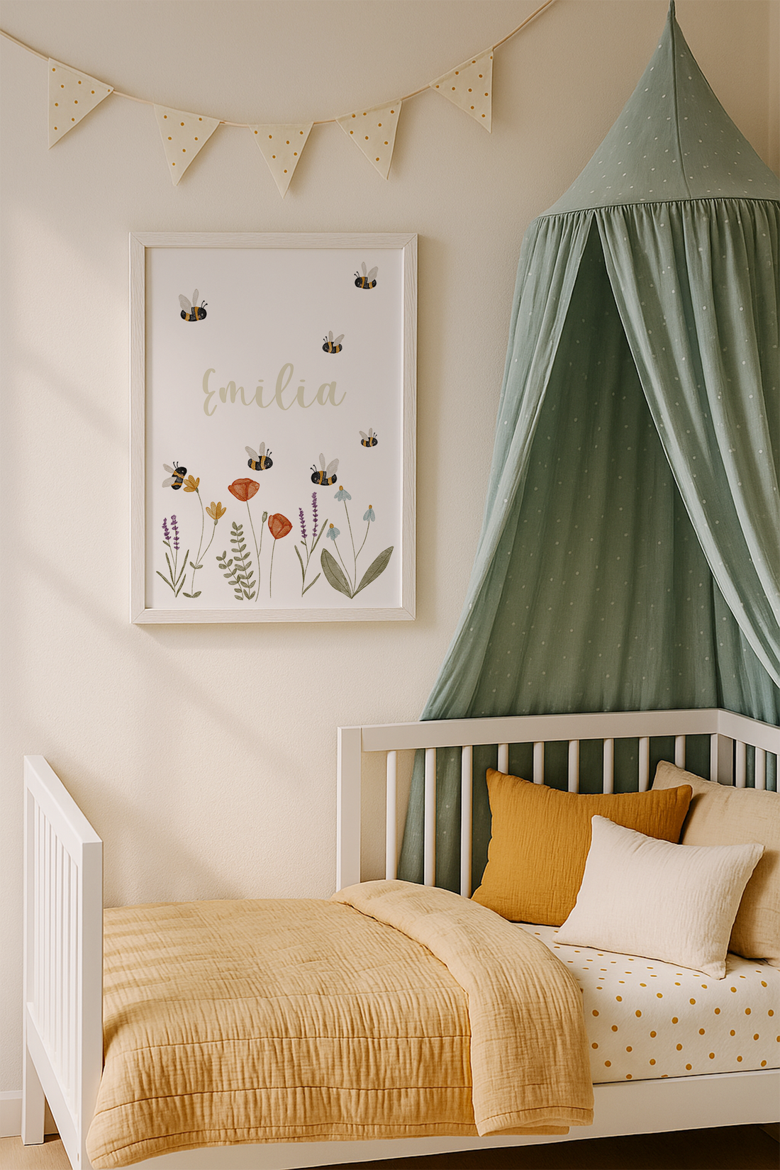 Kinderposter Name Wildblumen und Hummeln inkl. Rahmen