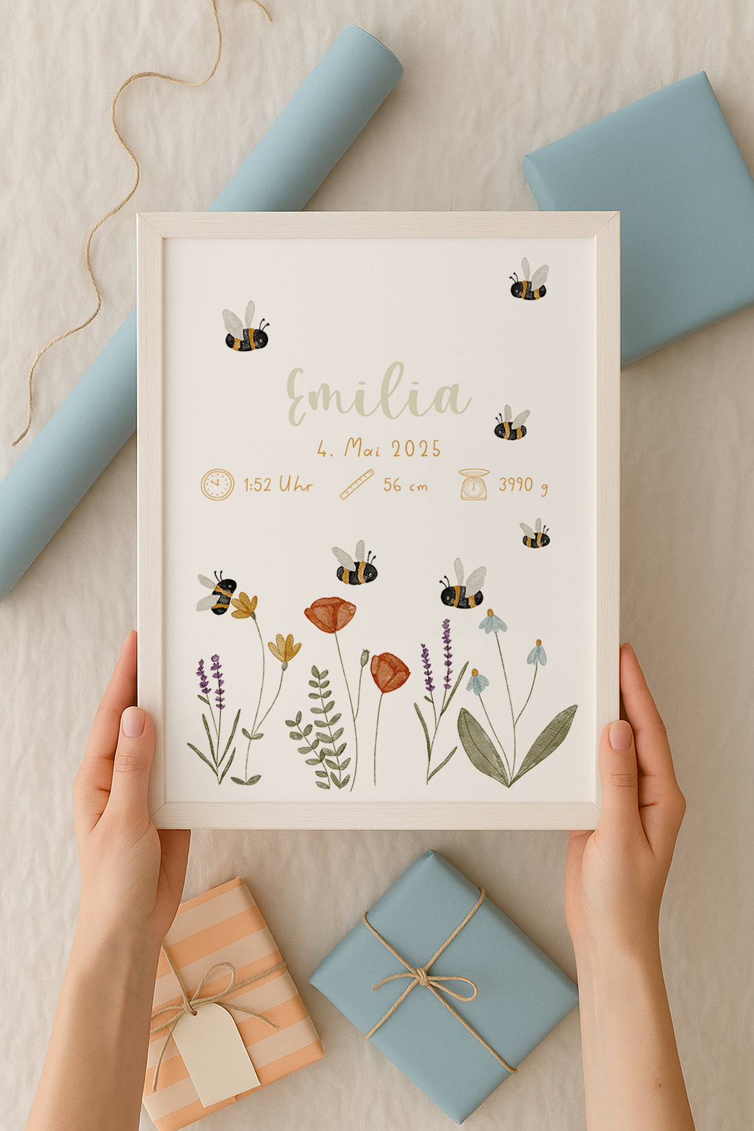 Geburtsposter Wildblumenwiese und Hummeln inkl. Rahmen
