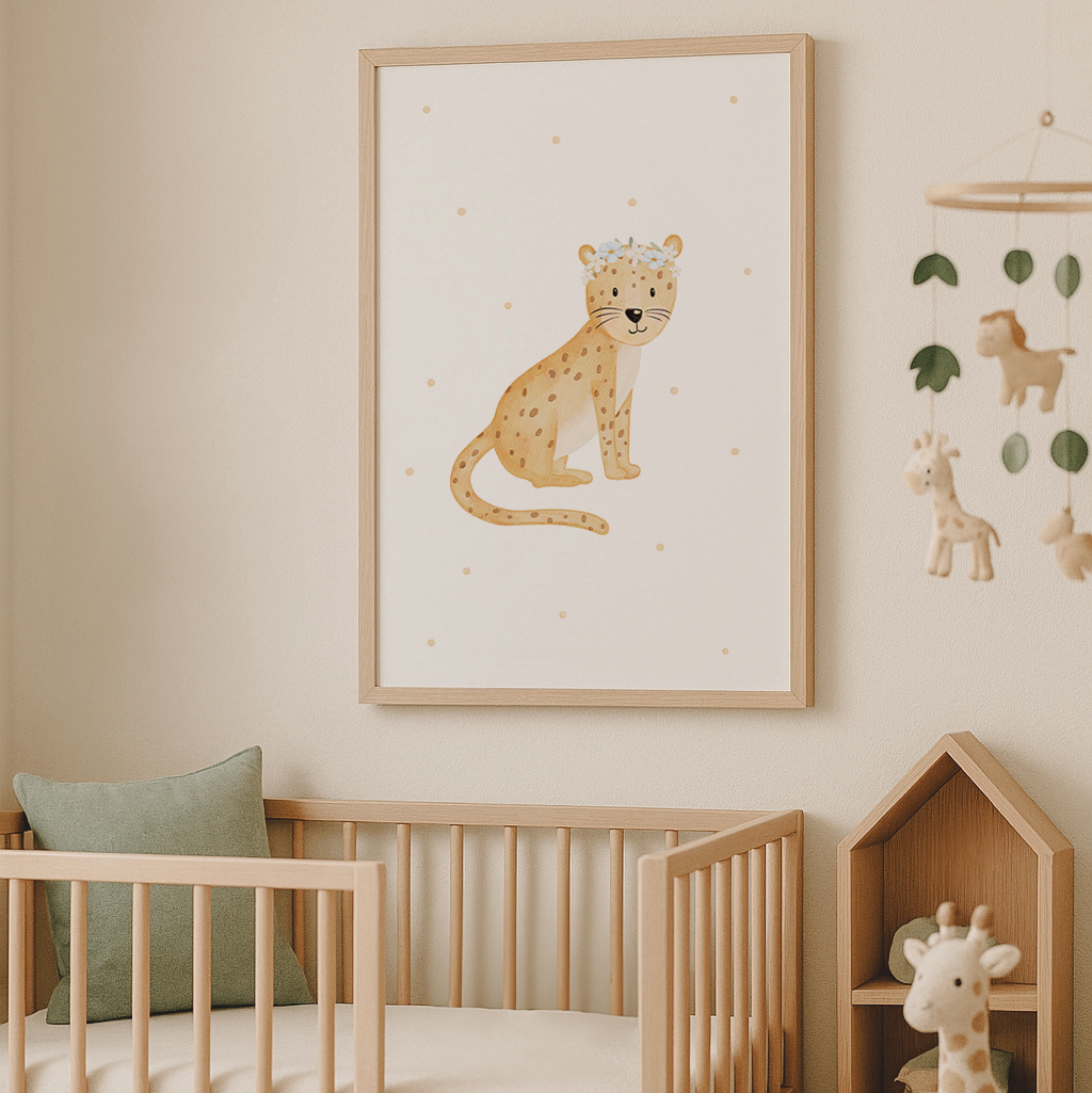 Kinderposter kleiner Gepard mit Blumenkranz