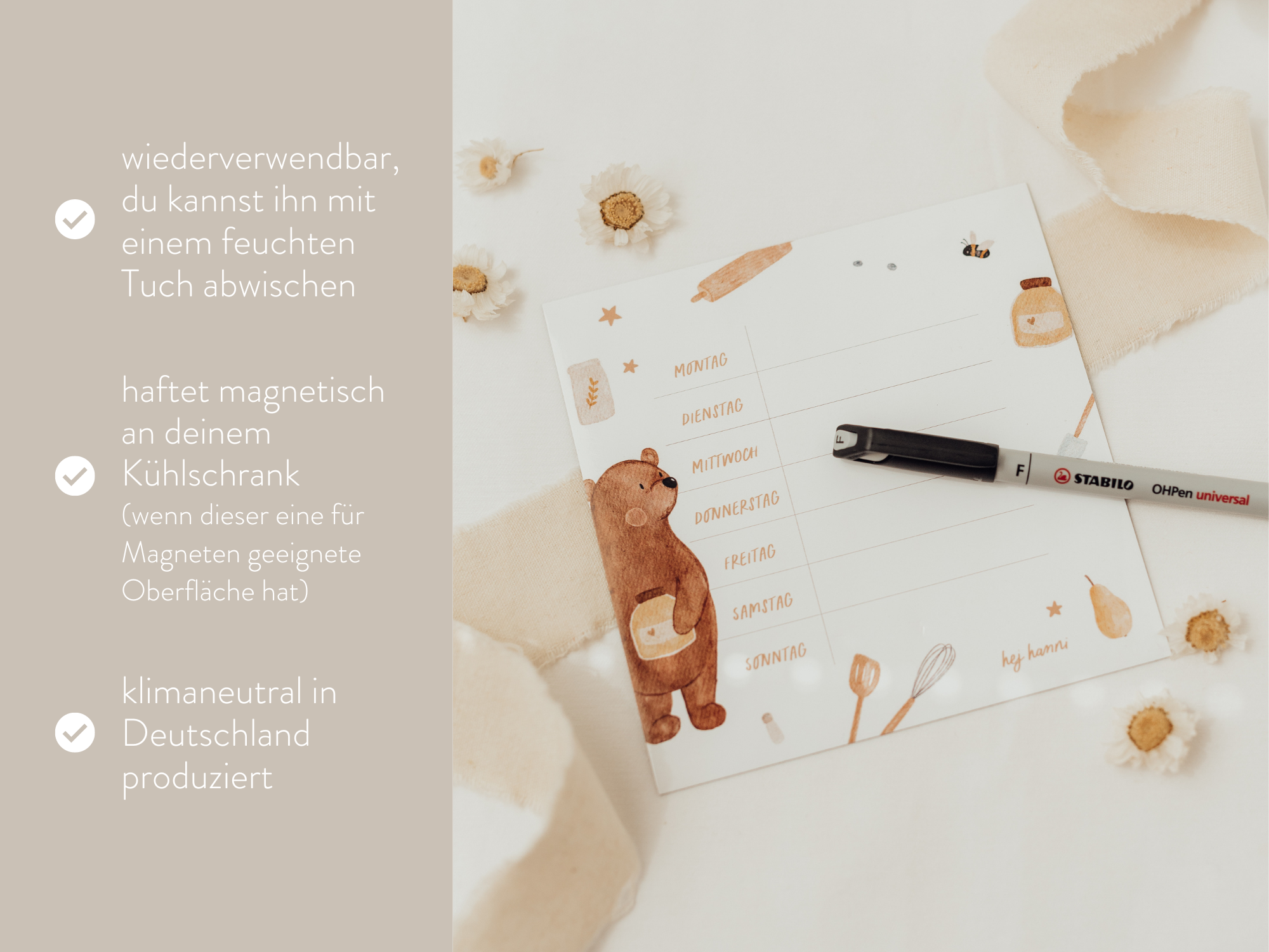 Hej Hanni wiederverwendbarer Wochenplan Bär klein / Kühlschrankmagnet