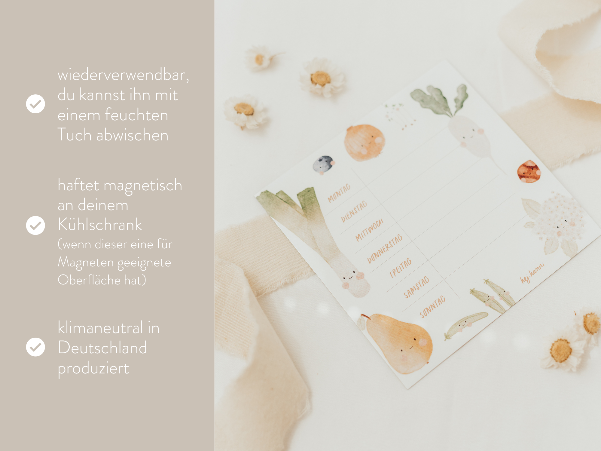 Hej Hanni wiederverwendbarer Wochenplan Früchte klein / Kühlschrankmagnet