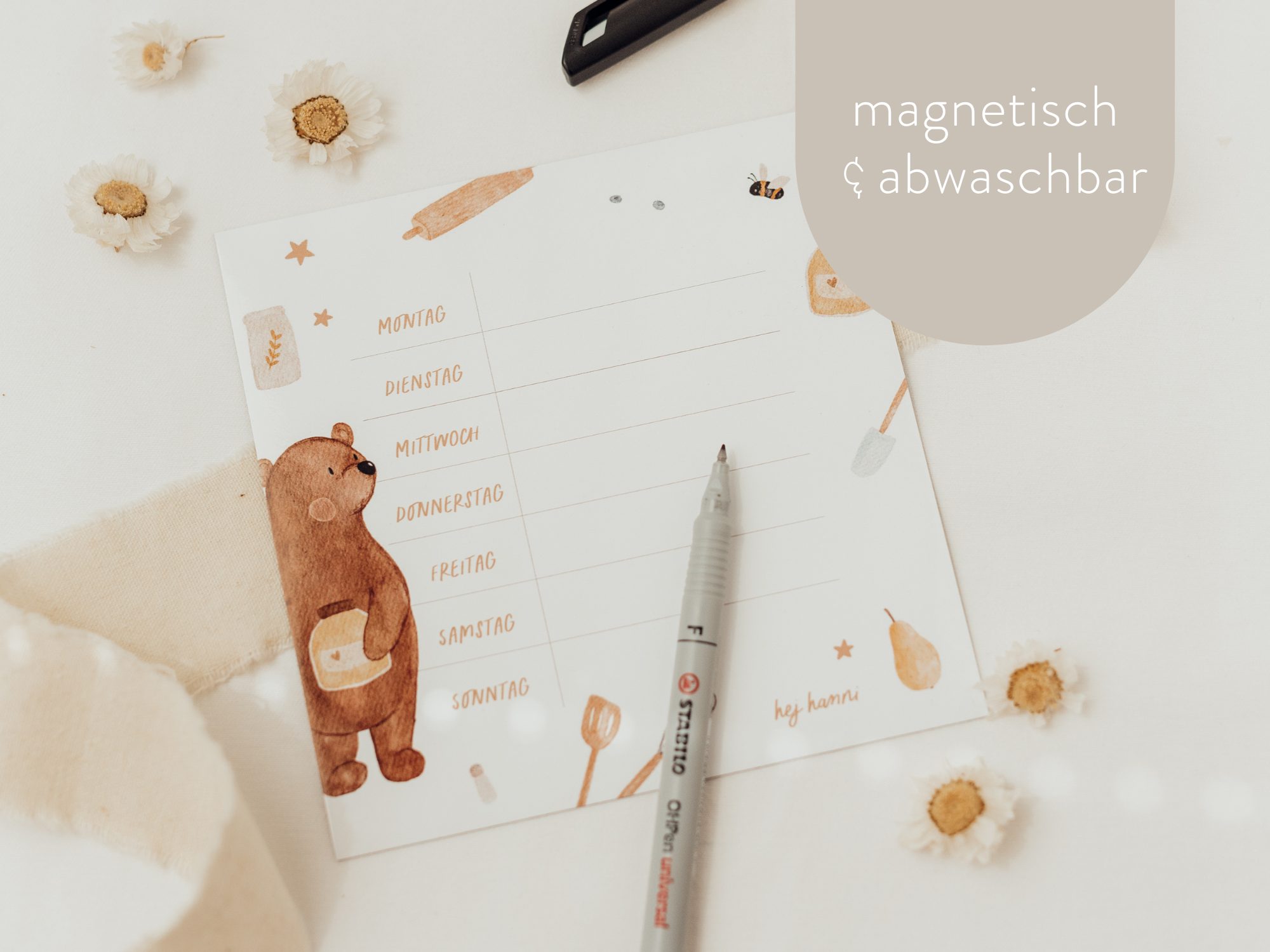 Hej Hanni wiederverwendbarer Wochenplan Bär klein / Kühlschrankmagnet