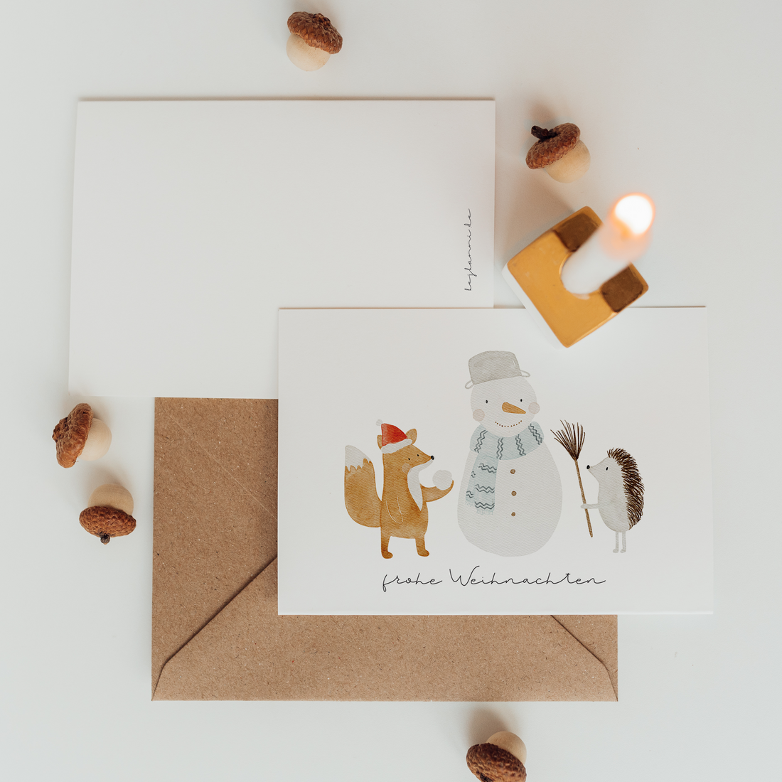 Hej Hanni Weihnachtskarte Schneemann, Fuchs & Igel