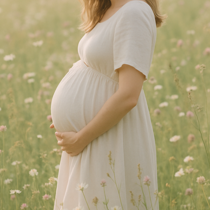 Verschiedene Obst und Gemüsesorten im Größenvergleich mit Schwangerschaft