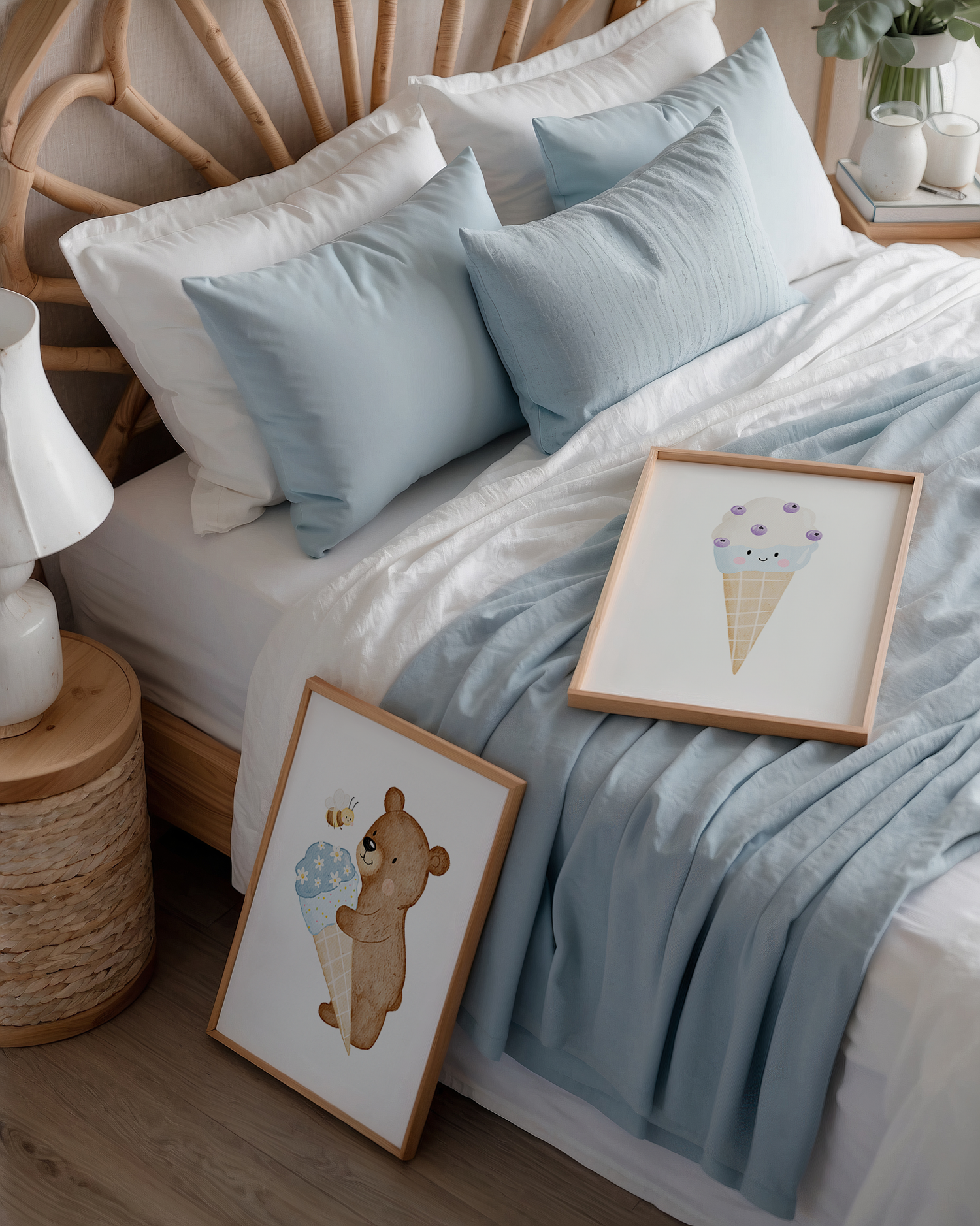 Kinderposter Bär mit großer Eistüte blau