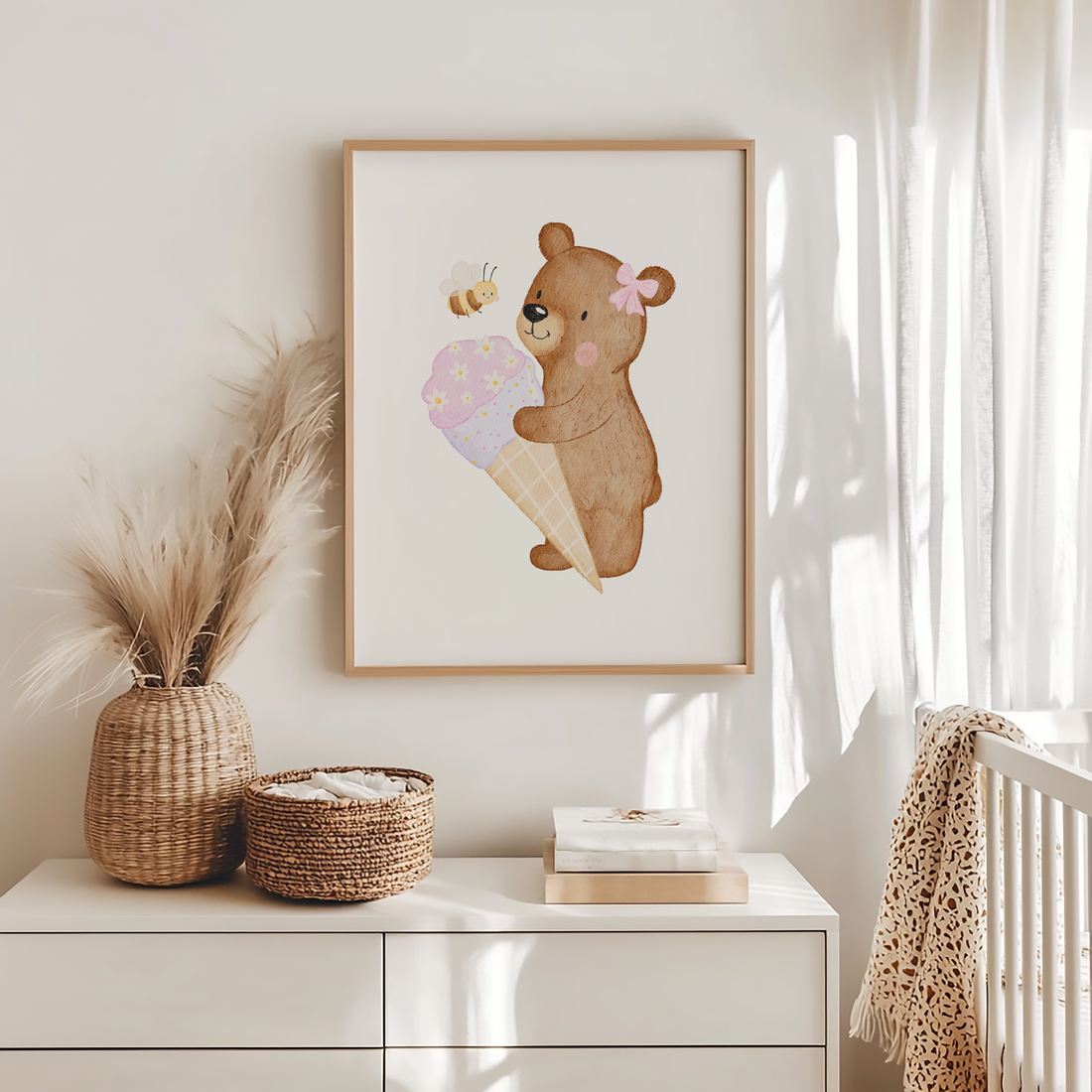 Kinderposter Bär mit großer Eistüte rosa
