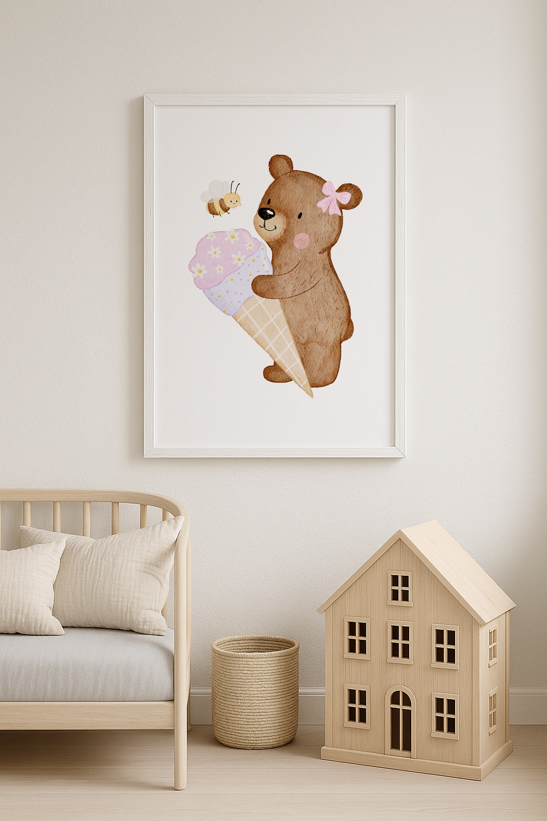 Kinderposter Bär mit großer Eistüte rosa inkl. Rahmen