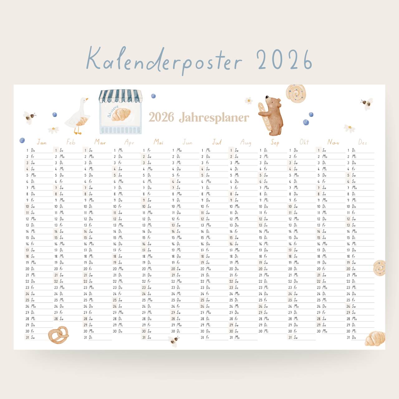 Kalenderposter 2026 Patisserie mit Bär &amp; Gans