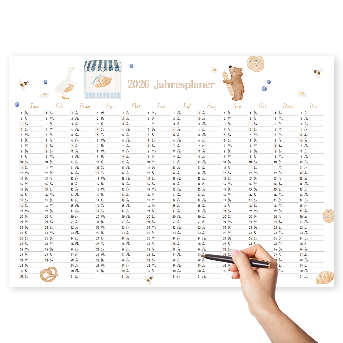 Kalenderposter 2026 Patisserie mit Bär &amp; Gans