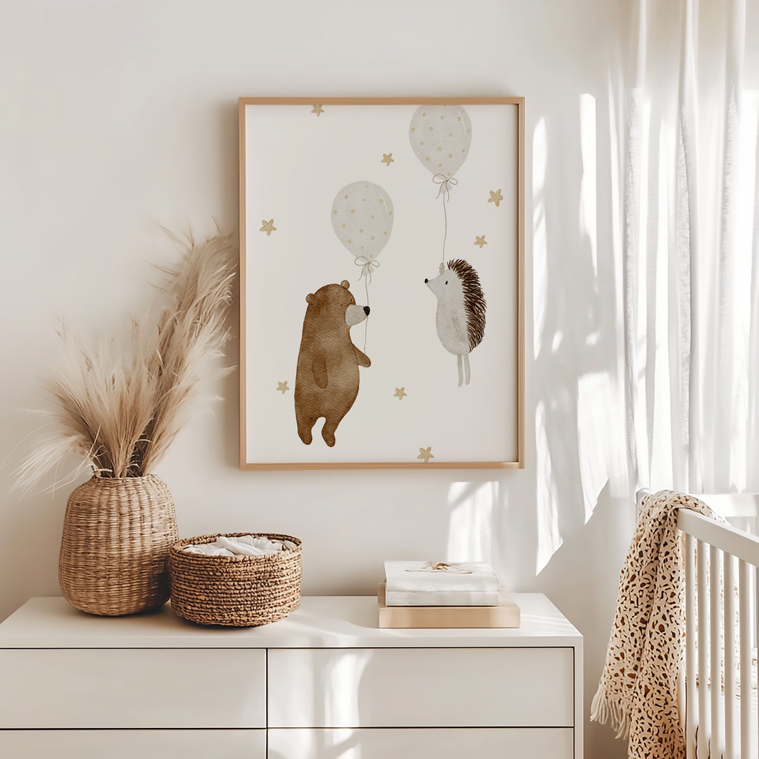 Kinderposter Bär und Igel mit Ballons