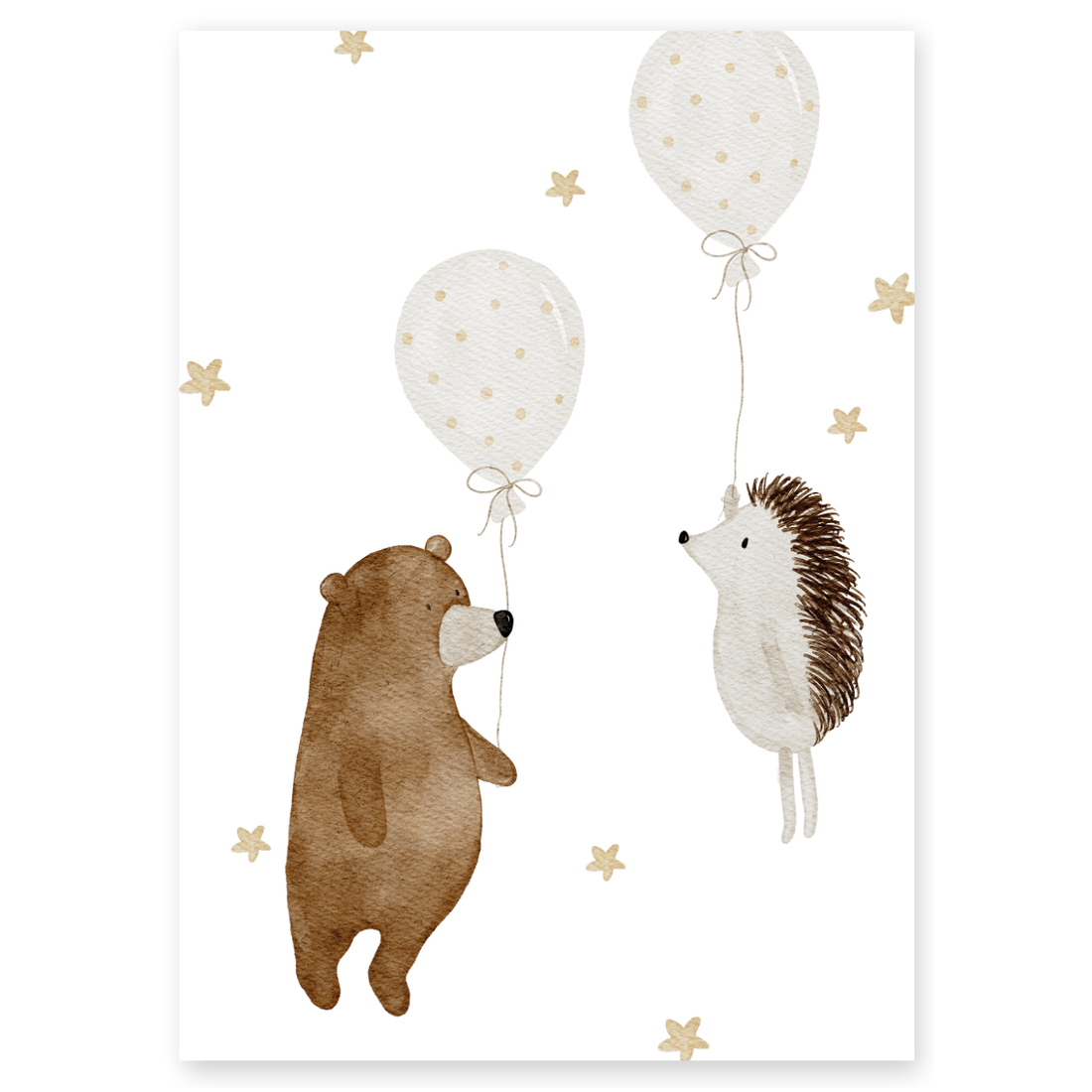 Kinderposter Bär und Igel mit Ballons