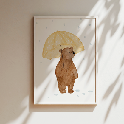 Kinderposter Bär gelber Regenschirm