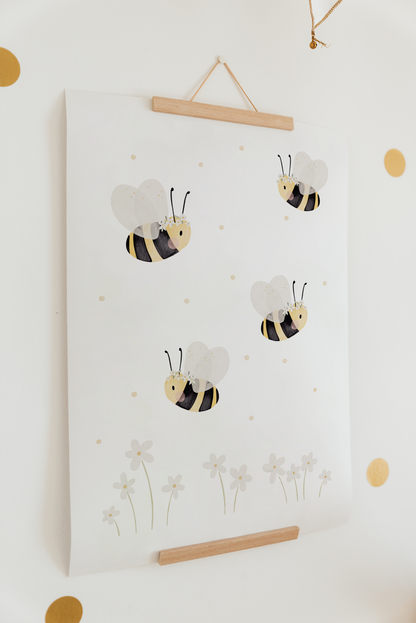 Poster Bienen Blumen weiß A4