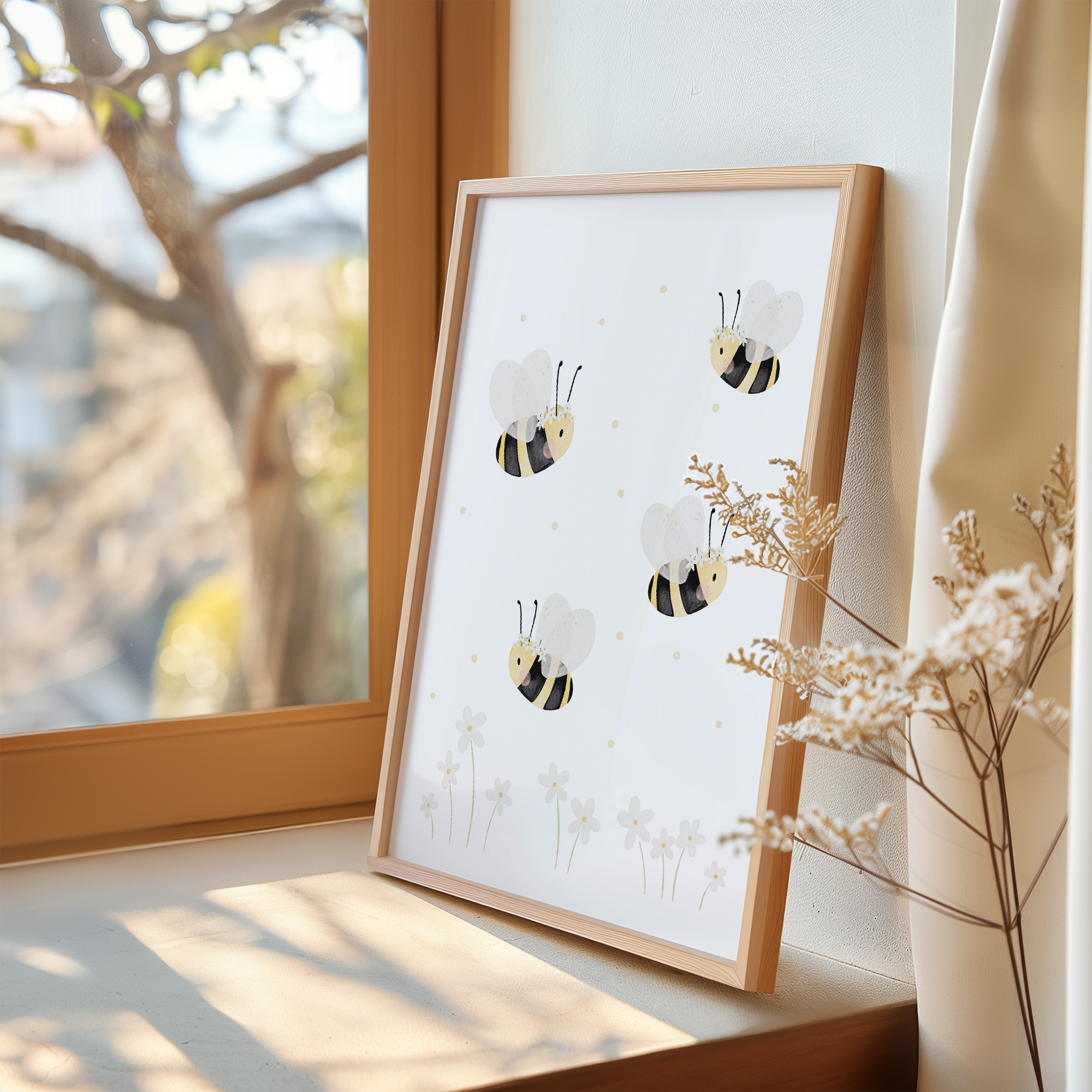 Kinderposter Bienen weiße Blumen